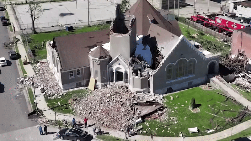 Drone video shows extensive tornado damage in St. Louis