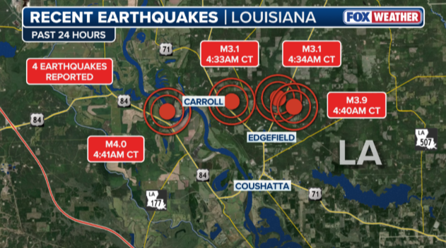 Four earthquakes strike Louisiana in under 10 minutes, days after the state's largest quake in its history