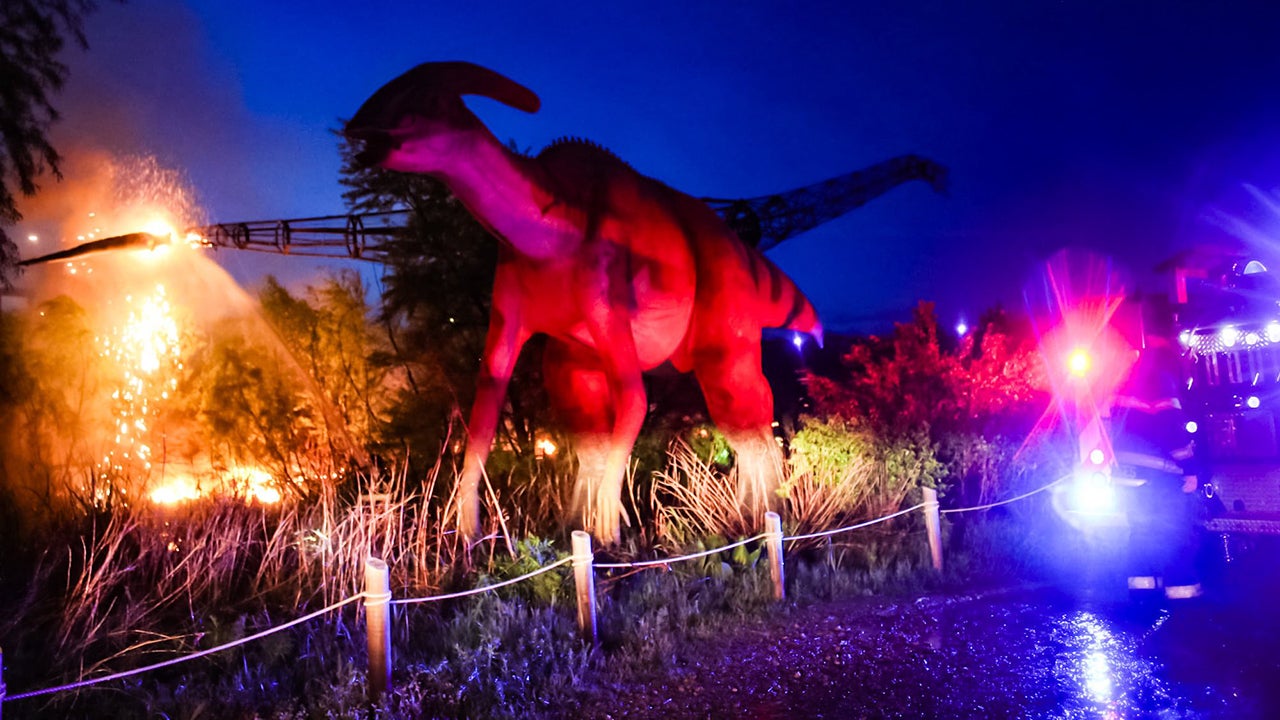 Watch: Massive 60-ton animatronic dinosaur catches fire at Kansas park following lightning strike